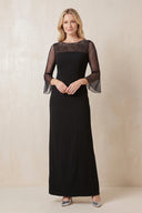 Black Illusion Neck Sheath Beaded Satin Mother of the Bride Dress With Sleeves | KISSBRIDAL