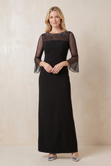 Black Illusion Neck Sheath Beaded Satin Mother of the Bride Dress With Sleeves | KISSBRIDAL