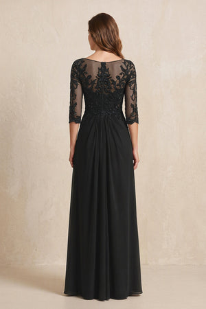 Black Illusion Neck Sheath Embroidered Chiffon Mother of the Bride Dress with Half Sleeves (2) | KISSBRIDAL