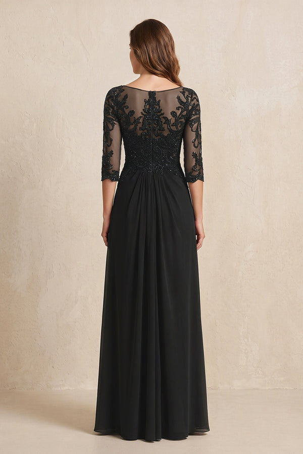 Black Illusion Neck Sheath Embroidered Chiffon Mother of the Bride Dress with Half Sleeves (2) | KISSBRIDAL