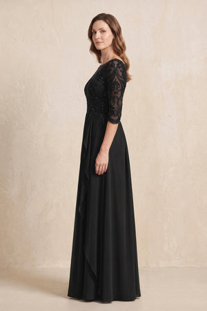 Black Illusion Neck Sheath Embroidered Chiffon Mother of the Bride Dress with Half Sleeves (3) | KISSBRIDAL