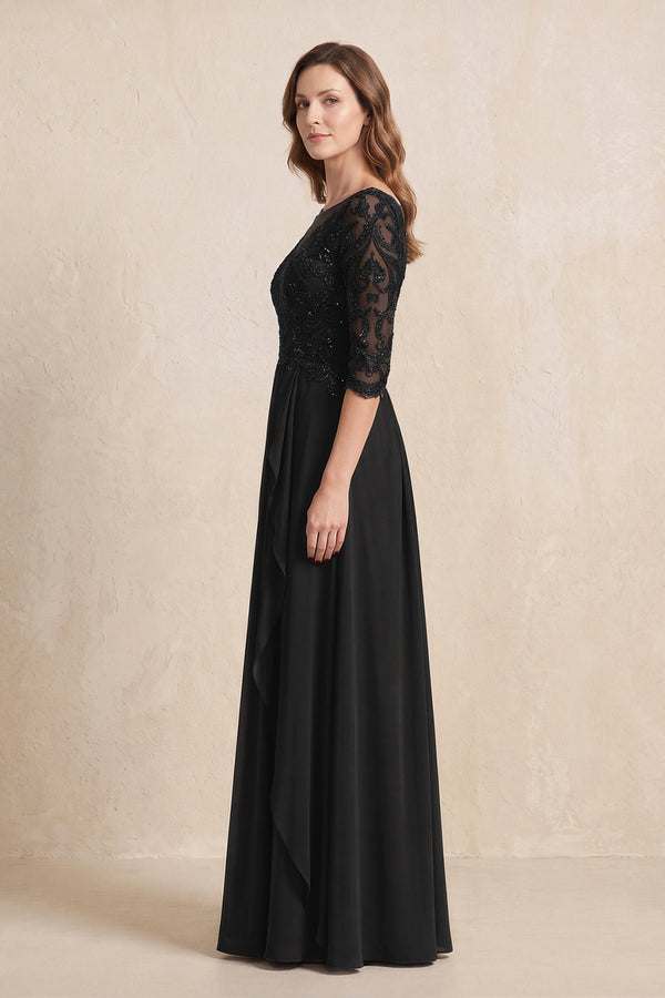 Black Illusion Neck Sheath Embroidered Chiffon Mother of the Bride Dress with Half Sleeves (3) | KISSBRIDAL