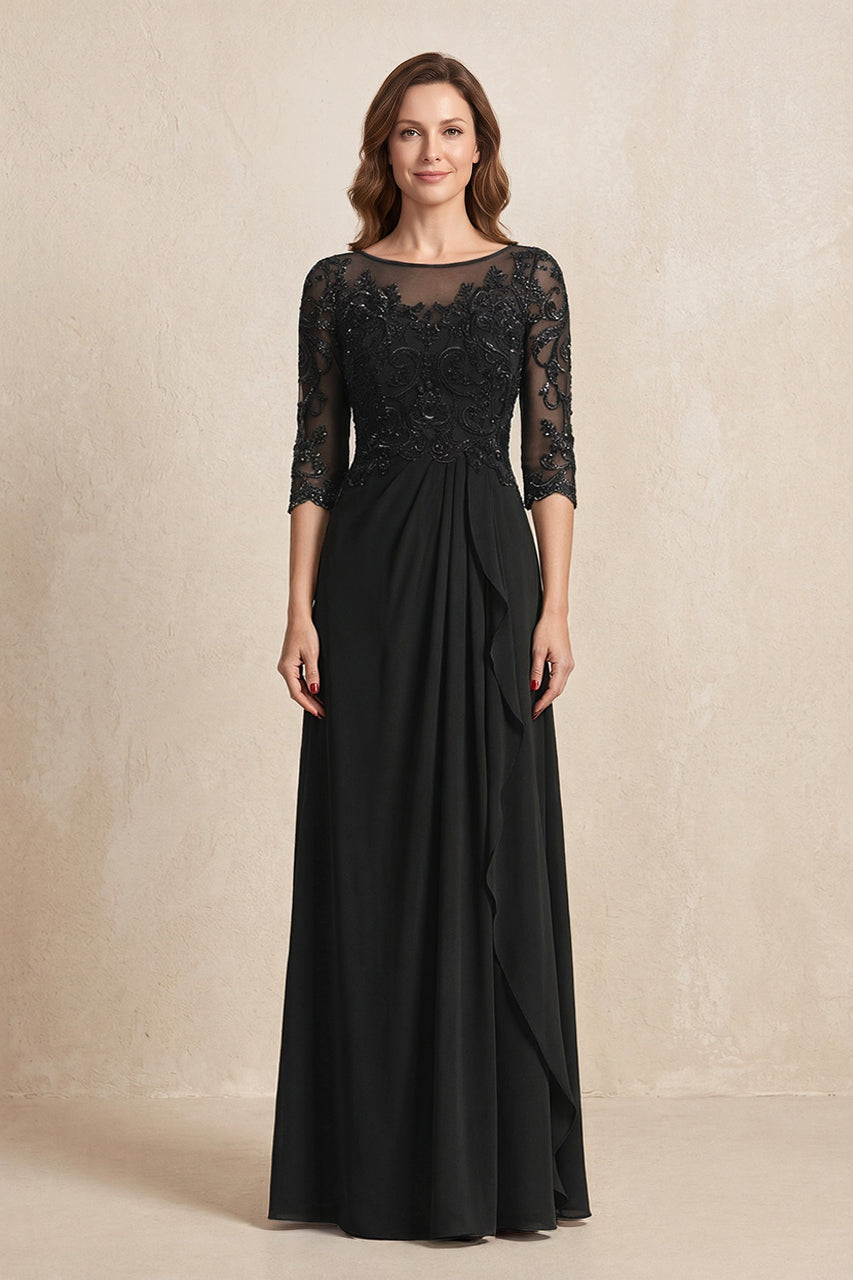Black Illusion Neck Sheath Embroidered Chiffon Mother of the Bride Dress with Half Sleeves