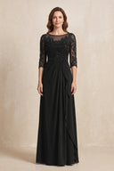 Black Illusion Neck Sheath Embroidered Chiffon Mother of the Bride Dress with Half Sleeves | KISSBRIDAL