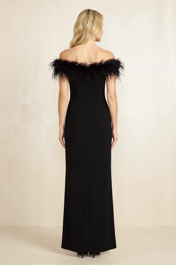 Black Linen Off-the-Shoulder Sheath Mother of the Bride Dress With Slit (2) | KISSBRIDAL