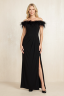 Black Linen Off-the-Shoulder Sheath Mother of the Bride Dress With Slit | KISSBRIDAL
