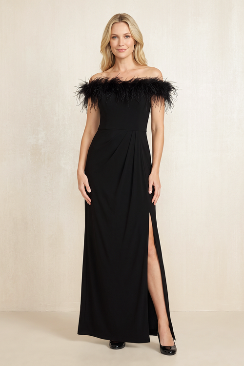 Black Linen Off-the-Shoulder Sheath Mother of the Bride Dress With Slit | KISSBRIDAL