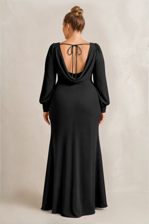 Black Long Sleeve V-Neck Sheath Chiffon Bridesmaid Dress (2) [sizeplus] | KISSBRIDAL