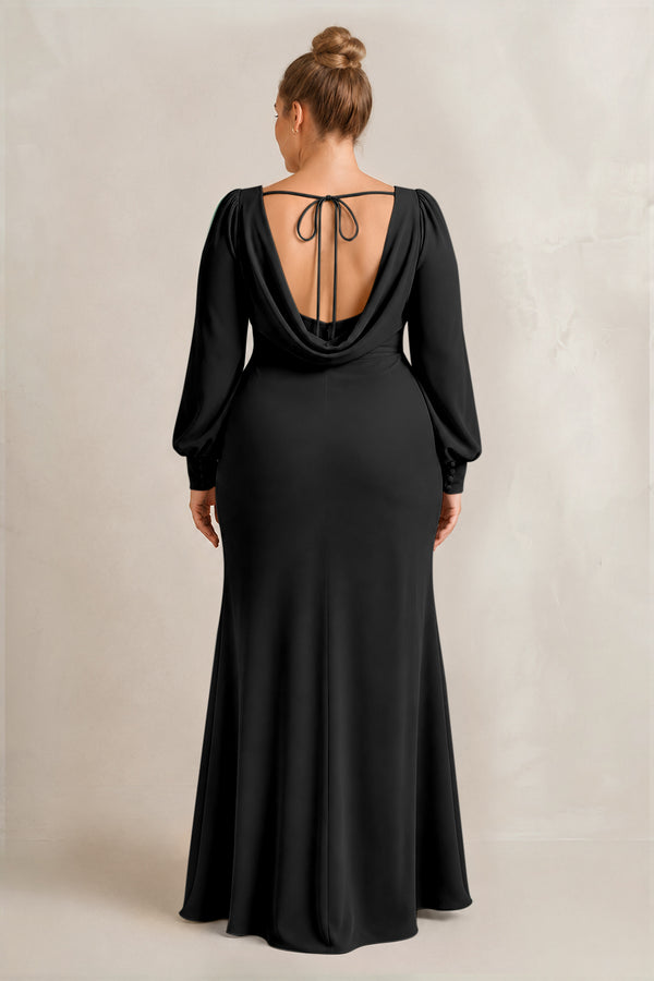 Black Long Sleeve V-Neck Sheath Chiffon Bridesmaid Dress (2) [sizeplus] | KISSBRIDAL
