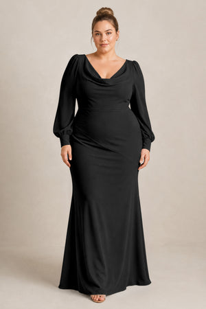 Black Long Sleeve V-Neck Sheath Chiffon Bridesmaid Dress [sizeplus] | KISSBRIDAL
