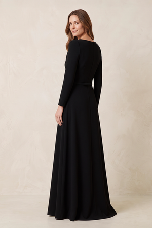 Black Matte Satin A-Line Long Sleeves Ruched Mother of the Bride Dress (2) | KISSBRIDAL