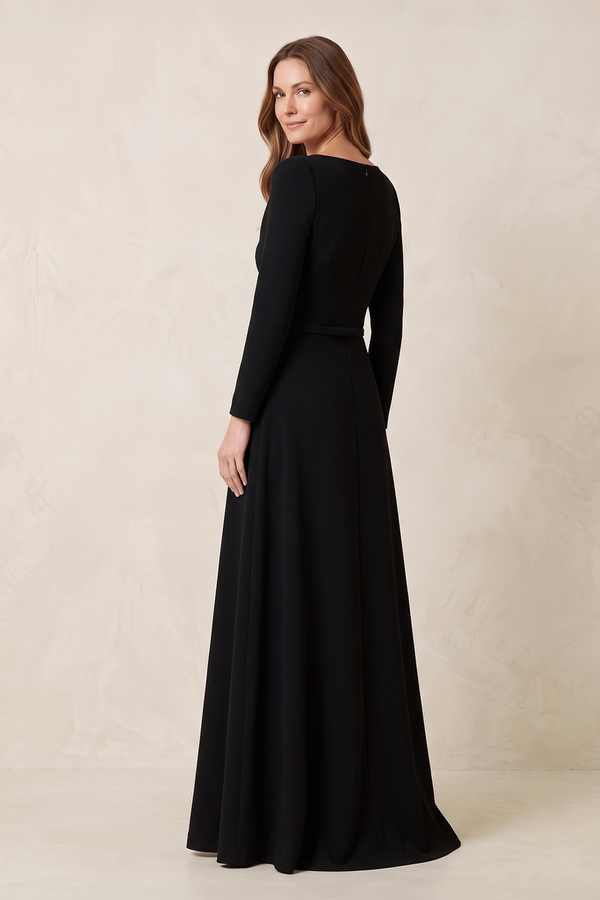 Black Matte Satin A-Line Long Sleeves Ruched Mother of the Bride Dress (2) | KISSBRIDAL