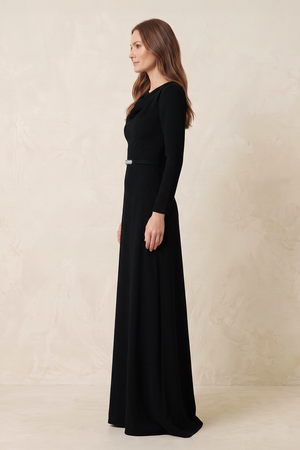Black Matte Satin A-Line Long Sleeves Ruched Mother of the Bride Dress (3) | KISSBRIDAL