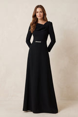 Black Matte Satin A-Line Long Sleeves Ruched Mother of the Bride Dress | KISSBRIDAL