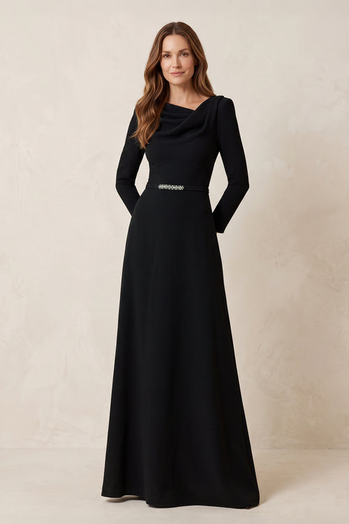 Black Matte Satin A-Line Long Sleeves Ruched Mother of the Bride Dress | KISSBRIDAL