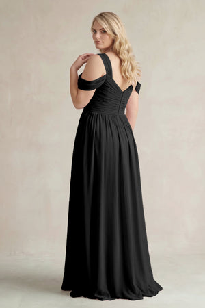 Black Off-the-Shoulder A-Line Chiffon Bridesmaid Dress With Slit (2) | KISSBRIDAL