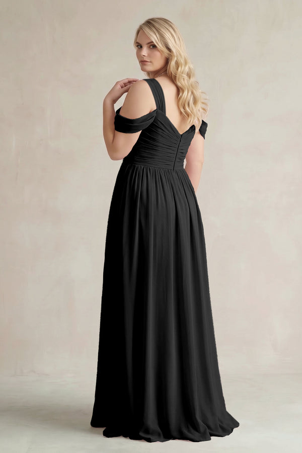 Black Off-the-Shoulder A-Line Chiffon Bridesmaid Dress With Slit (2) | KISSBRIDAL