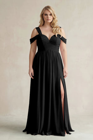 Black Off-the-Shoulder A-Line Chiffon Bridesmaid Dress With Slit | KISSBRIDAL