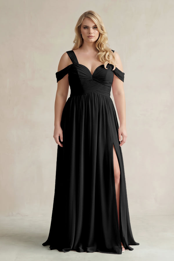 Black Off-the-Shoulder A-Line Chiffon Bridesmaid Dress With Slit | KISSBRIDAL