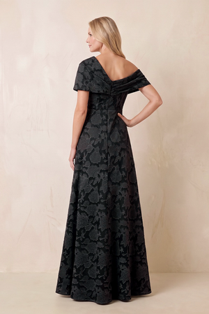 Black Off-the-Shoulder A-Line Jacquard Mother of the Bride Dress with Slit (2) | KISSBRIDAL