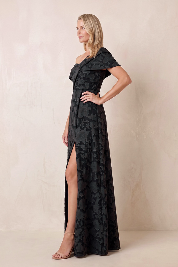 Black Off-the-Shoulder A-Line Jacquard Mother of the Bride Dress with Slit (3) | KISSBRIDAL