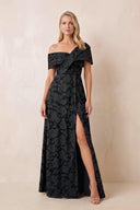 Black Off-the-Shoulder A-Line Jacquard Mother of the Bride Dress with Slit | KISSBRIDAL