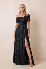 Black Off-the-Shoulder A-Line Jacquard Mother of the Bride Dress with Slit | KISSBRIDAL