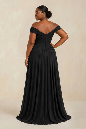 Off - the - Shoulder Pleated A - Line Chiffon Bridesmaid Dress in Black - KISS BRIDAL Bridesmaid Dresses[sizeplus]