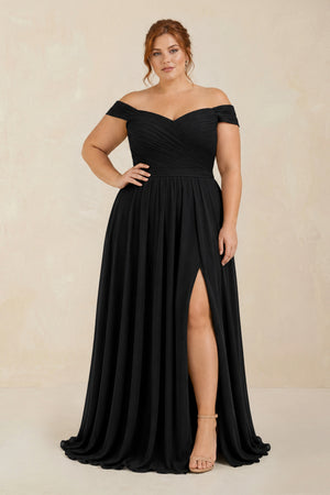 Off - the - Shoulder Pleated A - Line Chiffon Bridesmaid Dress in Black - KISS BRIDAL Bridesmaid Dresses[sizeplus]