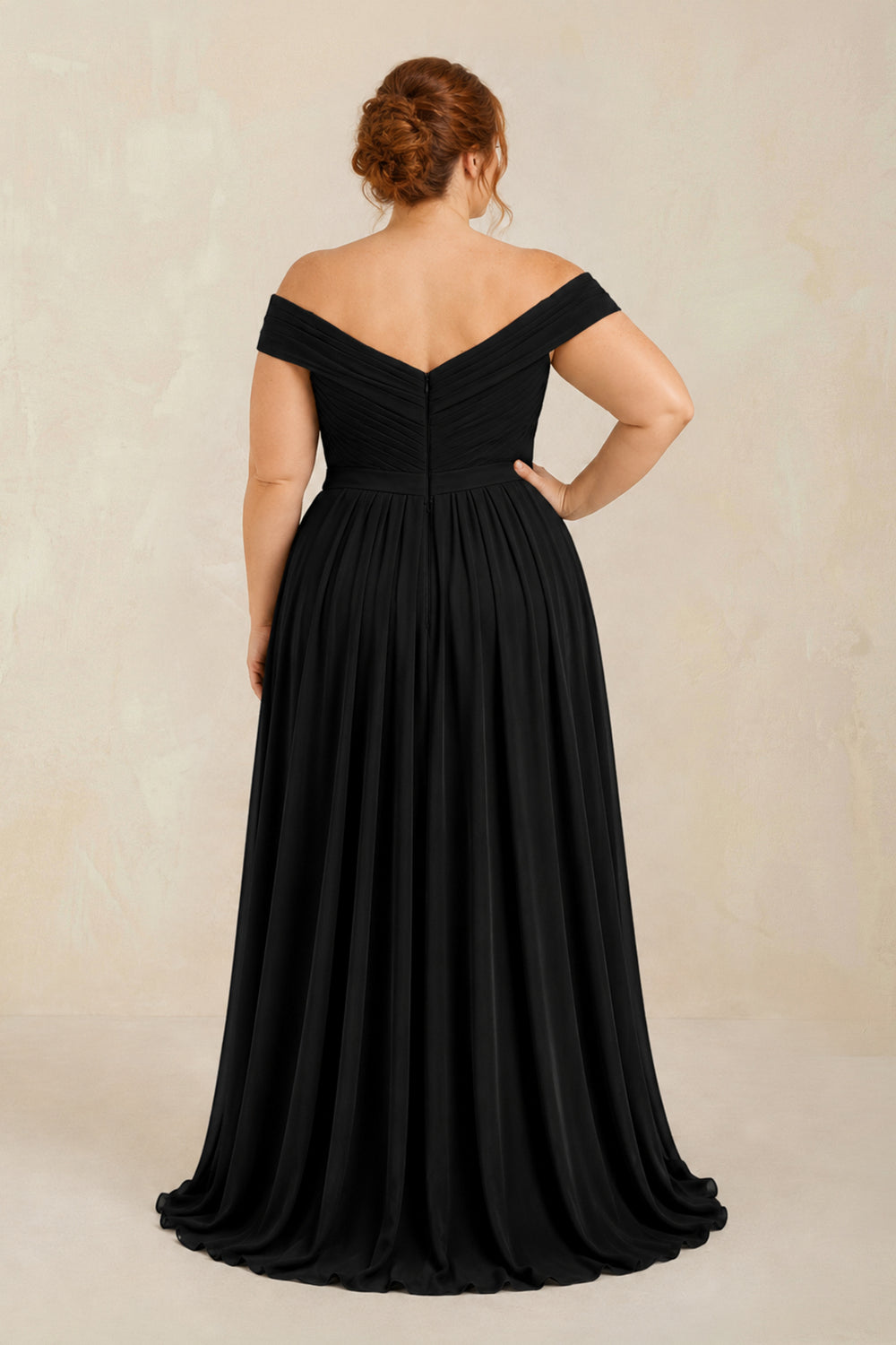 Off-the-Shoulder Pleated A-Line Chiffon Bridesmaid Dress in Black