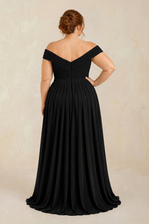 Off - the - Shoulder Pleated A - Line Chiffon Bridesmaid Dress in Black - KISS BRIDAL Bridesmaid Dresses[sizeplus]