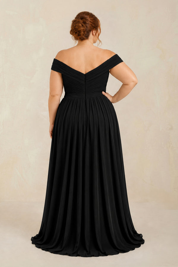 Off - the - Shoulder Pleated A - Line Chiffon Bridesmaid Dress in Black - KISS BRIDAL Bridesmaid Dresses[sizeplus]
