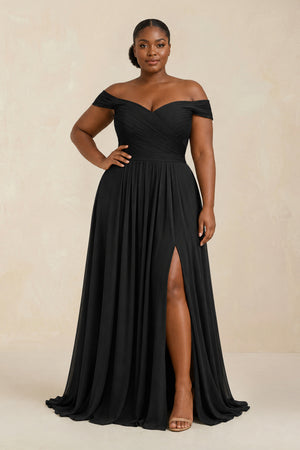 Off - the - Shoulder Pleated A - Line Chiffon Bridesmaid Dress in Black - KISS BRIDAL Bridesmaid Dresses[sizeplus]