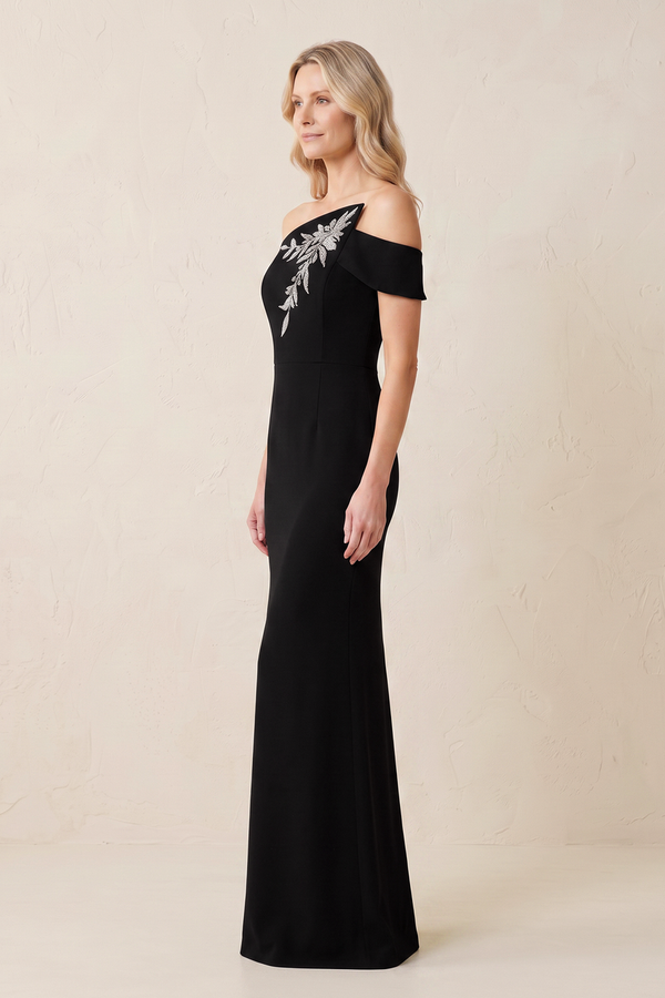 Black Off-the-Shoulder Sheath Appliqued Mother of the Bride Dress (3) | KISSBRIDAL