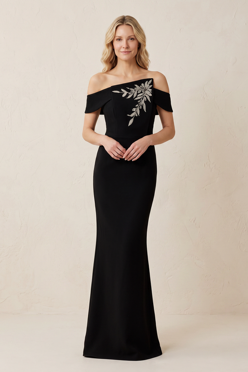 Black Off-the-Shoulder Sheath Appliqued Mother of the Bride Dress | KISSBRIDAL