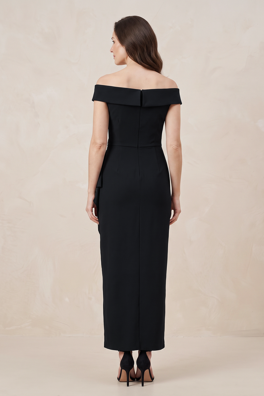 Black Off-the-Shoulder Sheath Ruched Matte Satin Mother of the Bride Dress