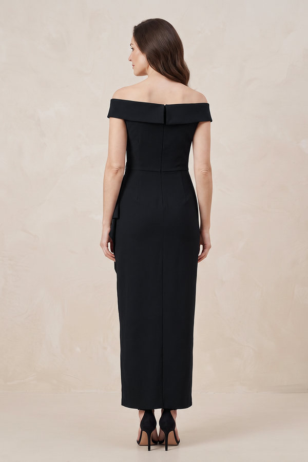 Black Off-the-Shoulder Sheath Ruched Matte Satin Mother of the Bride Dress (2) | KISSBRIDAL