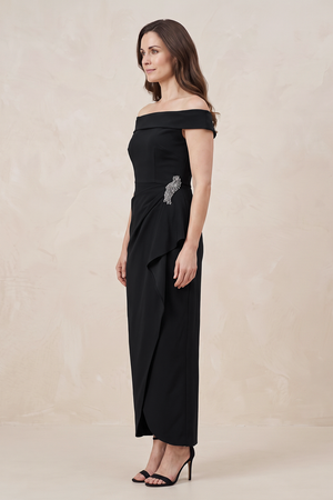 Black Off-the-Shoulder Sheath Ruched Matte Satin Mother of the Bride Dress (3) | KISSBRIDAL
