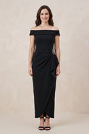 Black Off-the-Shoulder Sheath Ruched Matte Satin Mother of the Bride Dress | KISSBRIDAL