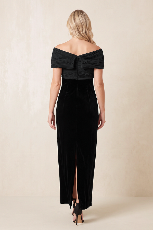 Black Off-the-Shoulder Sheath Velvet Ruched Mother of the Bride Dress (2) | KISSBRIDAL