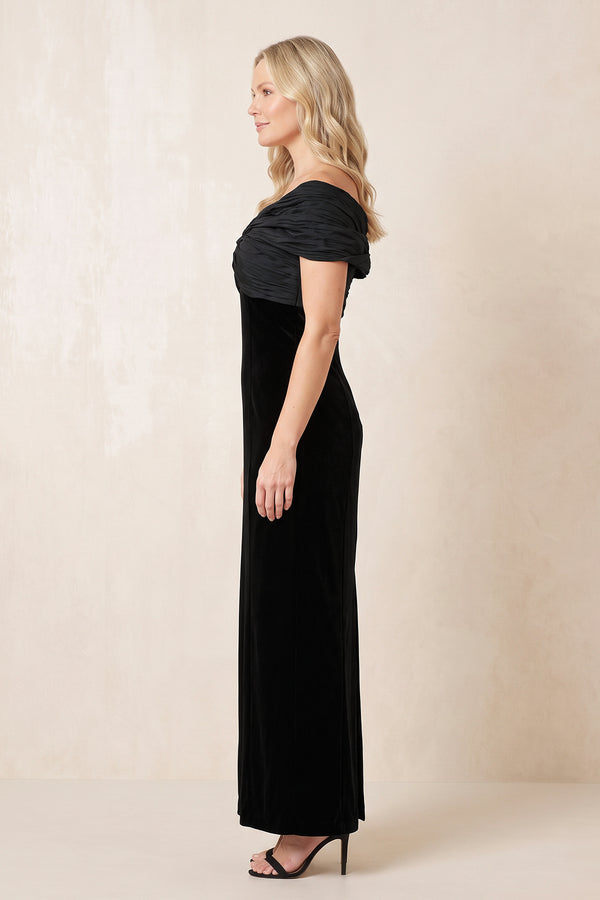 Black Off-the-Shoulder Sheath Velvet Ruched Mother of the Bride Dress (3) | KISSBRIDAL