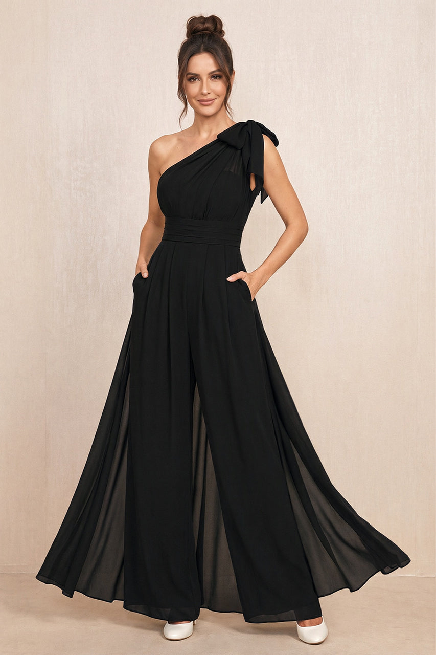 Black One-Shoulder Chiffon Mother of the Bride Jumpsuits