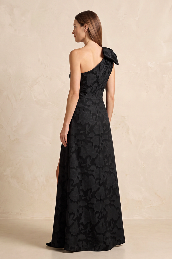 Black One-Shoulder Jacquard A-Line Bow Mother of the Bride Dress with Slit (2) | KISSBRIDAL