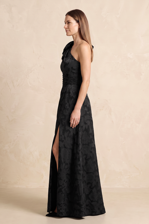 Black One-Shoulder Jacquard A-Line Bow Mother of the Bride Dress with Slit (3) | KISSBRIDAL
