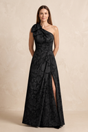 Black One-Shoulder Jacquard A-Line Bow Mother of the Bride Dress with Slit | KISSBRIDAL