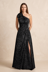 Black One-Shoulder Jacquard A-Line Bow Mother of the Bride Dress with Slit | KISSBRIDAL