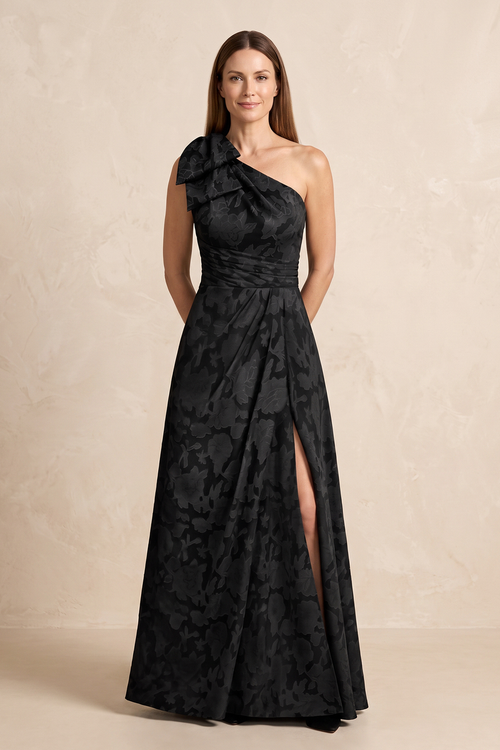 Black One-Shoulder Jacquard A-Line Bow Mother of the Bride Dress with Slit | KISSBRIDAL