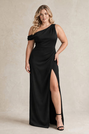 Black One-Shoulder Satin Sheath Bridesmaid Dress With Slit [sizeplus] | KISSBRIDAL