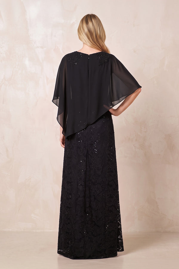 Black Round Neck Lace Sheath Chiffon Cape Sleeves Mother of the Bride Dress (2) | KISSBRIDAL