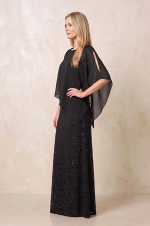 Black Round Neck Lace Sheath Chiffon Cape Sleeves Mother of the Bride Dress (3) | KISSBRIDAL